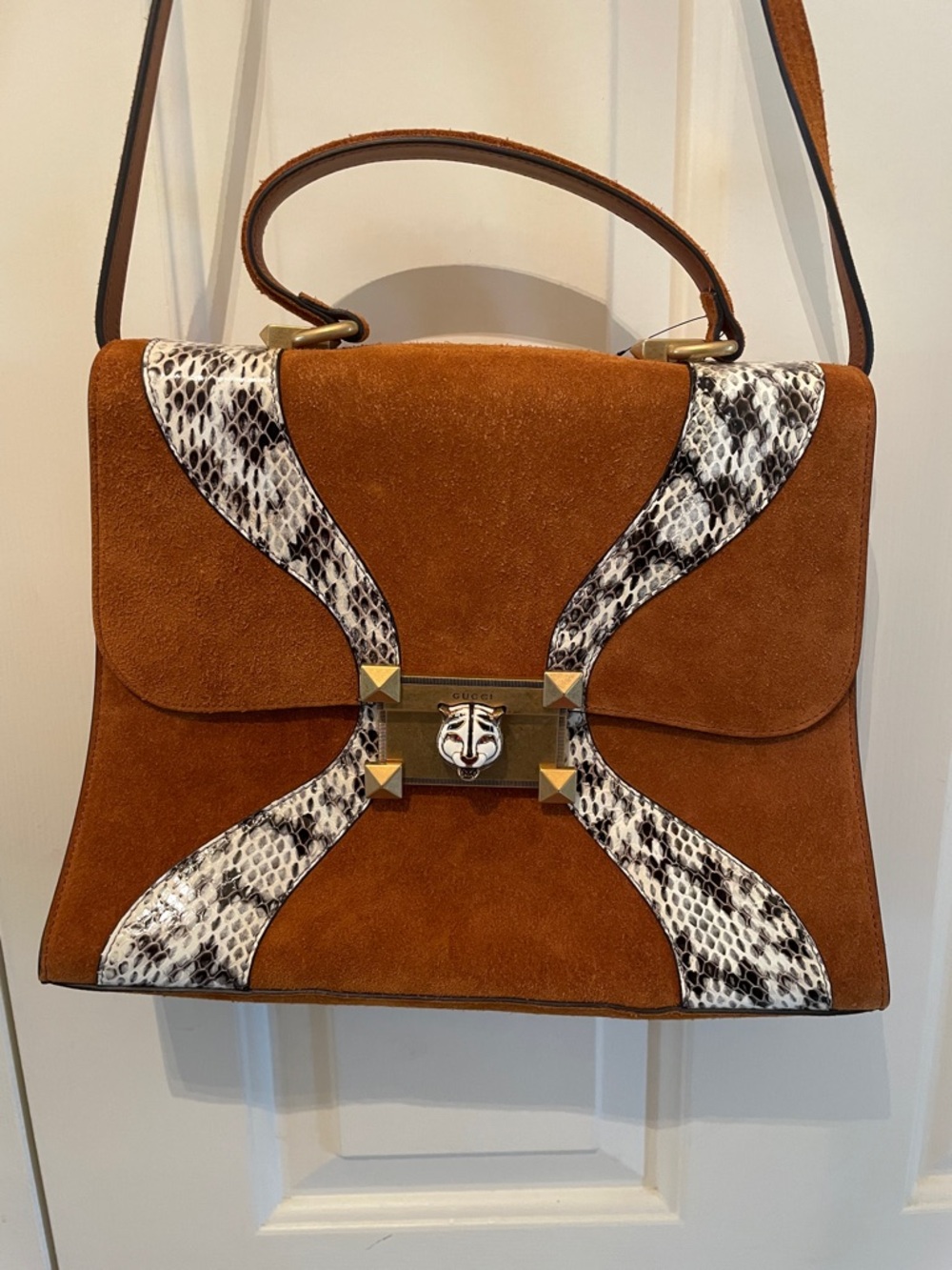 Gucci Osiride Medium Shoulder Bag Python & Suede Enamel Tiger Head 476435 Brown